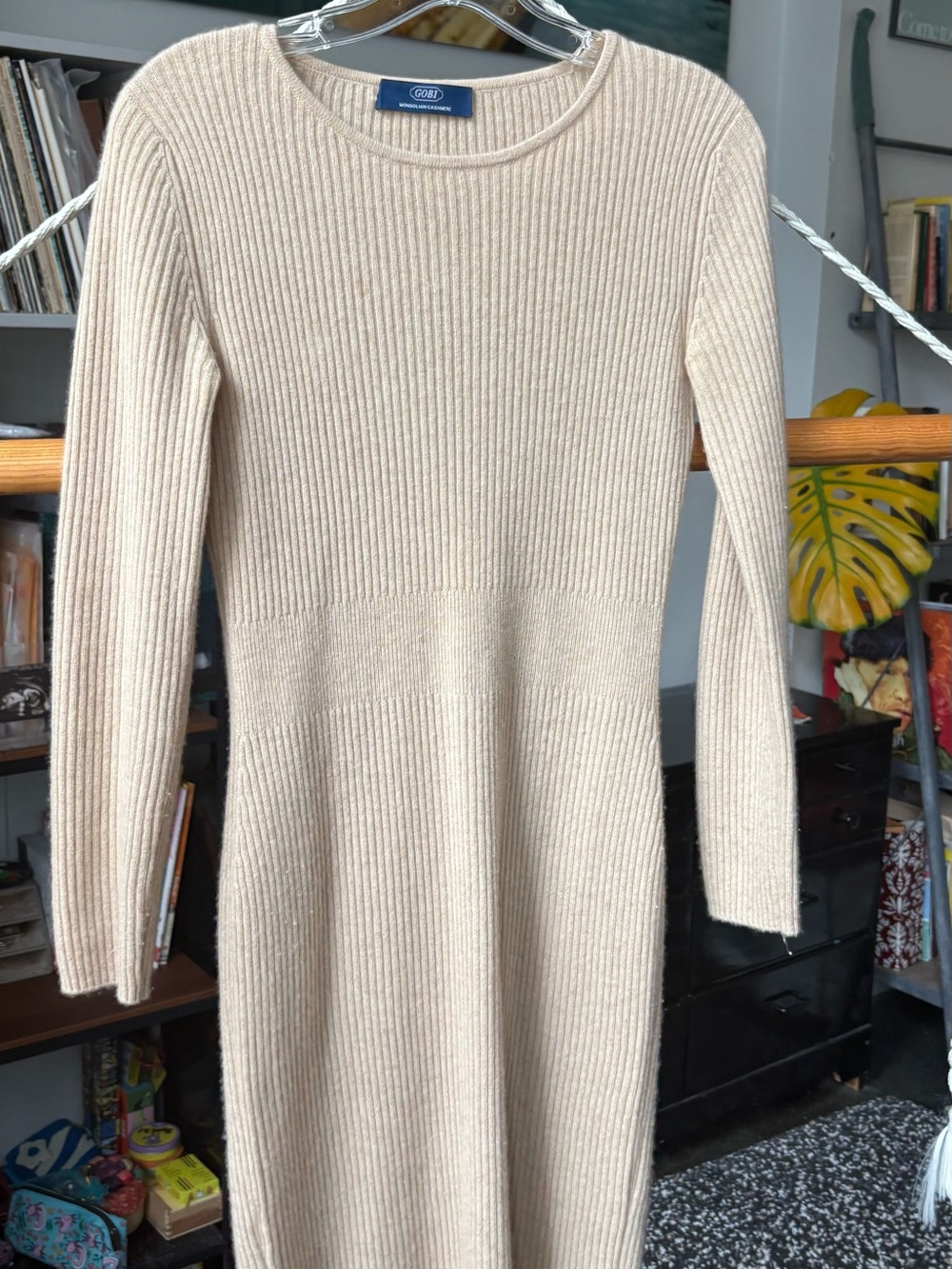 Gobi Ribbed Long-Sleeve Midi Dress in Beige